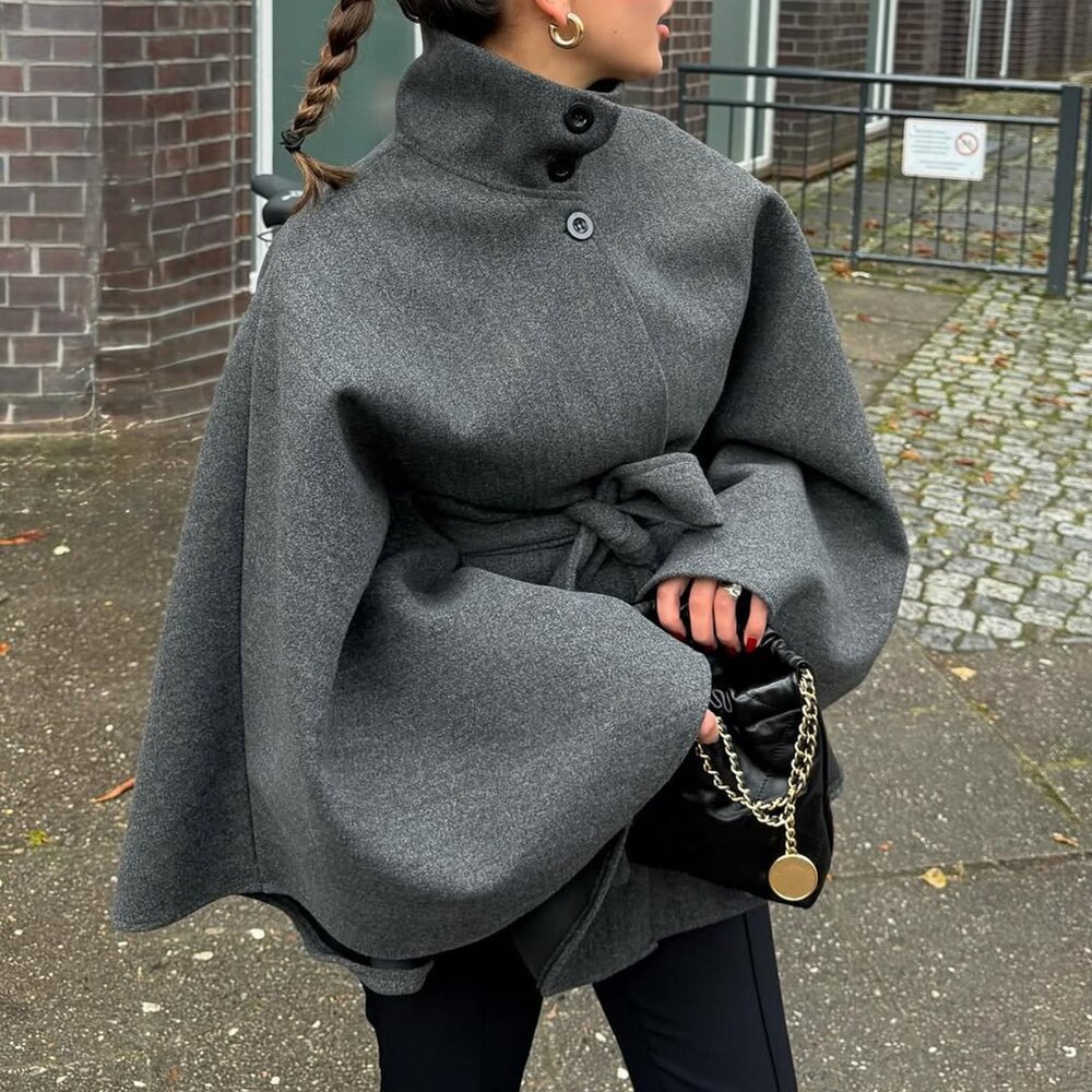 Elegant Women's Dark Grey Stand Collar Belted Cape Jacket